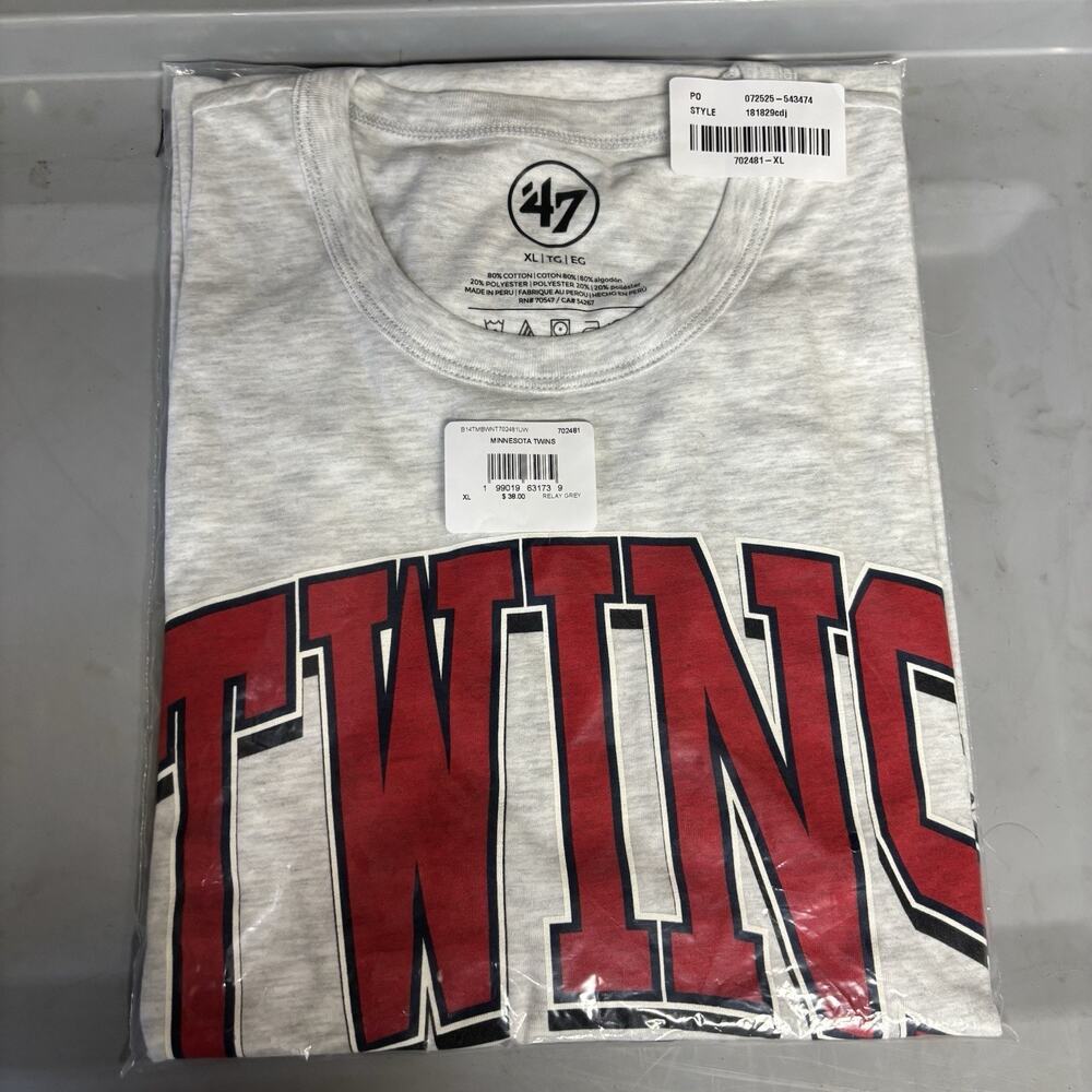 NWT ‘47 Brand MLB Baseball Minnesota Twins T Shirt XL Extra Large Relay Grey